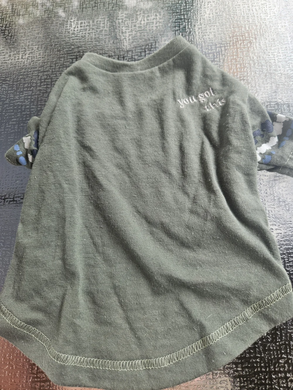Top Paw Olive Green Dog Tee with Patterned Sleeves